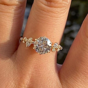 Unique 2.00CT Round Moissanite 14K Yellow Gold Engagement Ring | Snowdrift Diamond Cluster 6 prong Proposal Ring | Bridal Jewelry for Women