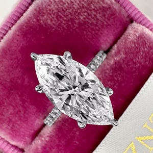 3.50 CT Moissanite Marquise Cut Micropaved Side Stones Hidden Halo Diamond Engagement Ring, Wedding Bridal Set Ring For Her, Promise Ring