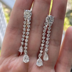Tear Drop Long Lab Grown Diamond Earring For Bridal Wedding Earrings Dangle Solid Gold Earrings IGI Certified Pear & Round Shape Earrings