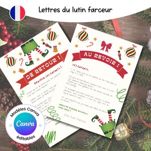 Peut inclure: Deux feuilles de lettres blanches avec des bannières rouges et des illustrations d'elfes verts. Le texte sur les lettres est en français, avec des phrases comme "De Retour!" et "Au Revoir!" Des ornements de Noël et un drapeau français sont également visibles.