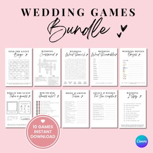 Peut inclure: Un lot de jeux de mariage imprimables comprenant 10 jeux différents, dont le bingo, le mots croisés, la recherche de mots, le mot mélangé, les émojis de films de mariage, qui est l'invité, lui ou elle, le quiz de la mariée et du marié, les conseils et les vœux pour le couple, et le jeu de mariage je vois. Les jeux sont tous en noir et blanc avec un fond rose.