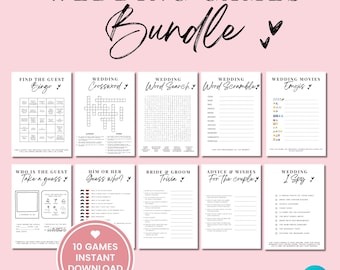 May include: A printable wedding game bundle with 10 different games, including bingo, crossword, word search, word scramble, wedding movies emojis, who is the guest, him or her, bride and groom trivia, advice and wishes for the couple, and wedding I spy. The games are all black and white with a pink background.