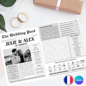 Peut inclure: Une annonce de mariage en noir et blanc de style journal pour Julie & Alex. L'annonce comprend une photo du couple, un programme de mariage, une grille de mots croisés et des anecdotes amusantes sur le couple. Le titre est "The Wedding Post" et la date est le 29 mai 2025.