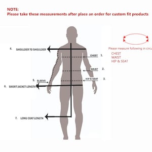 Peut inclure: Un diagramme montrant une silhouette humaine avec des lignes de mesure pour des v&ecirc;tements sur mesure. Le texte inclut : NOTE: Please take these measurements after place an order for custom fit products, SHOULDER TO SHOULDER, CHEST, WAIST, HIP & SEAT, SLEEVE, SHORT JACKET LENGTH, LONG COAT LENGTH.