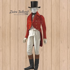Peut inclure: Un homme portant une redingote rouge à boutons dorés, un pantalon blanc et des bottes noires. Il porte un chapeau haut de forme noir et une cravate blanche. L'arrière-plan est un mur en bois lambrissé. Le texte "Zaira Tailored" est visible dans le coin supérieur gauche de l'image.
