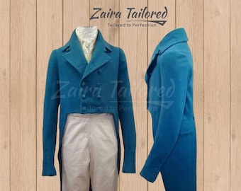 Peut inclure: Un habit de queue bleu sarcelle à double boutonnage et à longues queues. Le col est haut et le tissu est lisse. Le texte "Zaira Tailored" est visible sur l'image.