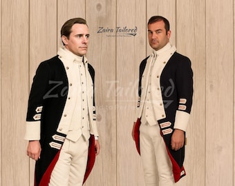 Navy Wool Frock Coat Set – Napoleonic Military Jacket with Vest and Breeches