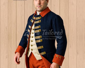 Napoleonic Navy Blue & Red Wool Frock Coat: Historical British Military Uniform - French Infantry Reenactment Costume