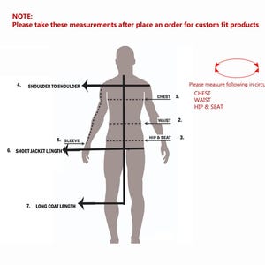 Op de afbeelding: Diagram met lichaamsmaten voor producten op maat. De afbeelding toont een menselijke figuur met gemarkeerde meetpunten: schouder tot schouder, borst, taille, heup & zit, mouw, korte jaslengte en lange jaslengte. Tekstinstructies zijn inbegrepen.