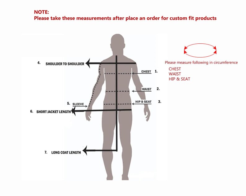 Op de afbeelding: Diagram met lichaamsmaten voor producten op maat. De afbeelding toont een menselijke figuur met gemarkeerde meetpunten: schouder tot schouder, borst, taille, heup & zit, mouw, korte jaslengte en lange jaslengte. Tekstinstructies zijn inbegrepen.