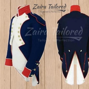 Peut inclure: Une veste queue-de-pie bleu marine de style militaire avec un panneau avant blanc, un col et des poignets rouges, et des boutons dor&eacute;s. Le v&ecirc;tement porte le texte Zaira Tailored Tailored to Perfection. Le design inclut un dos fendu et un liser&eacute; rouge.