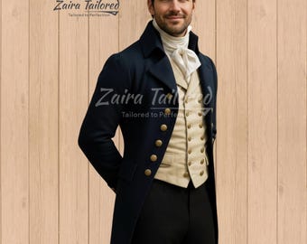 Navy Wool Regency Tailcoat with Brass Buttons – 19th Century Gentleman Jacket & Cream Waistcoat