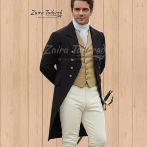 May include: A man in a black coat with gold buttons, a tan vest, white pants, and a white cravat. The coat has a long tail. The image includes a sword and the text "Zaira Tailored, Tailored to Perfection."