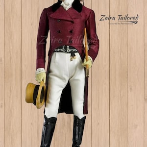 May include: A burgundy tailcoat with a black velvet collar, white shirt, and white breeches. The coat has a double-breasted closure and a decorative belt with gold accents. The person is holding a riding crop and wearing black boots.