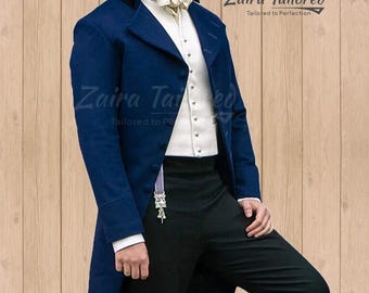 May include: A blue tailcoat with a white vest and black trousers. The tailcoat has a black velvet collar and a white bow tie. The text "Zaira Tailored" is visible on the image.