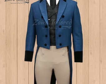 Men’s Blue Wool Regency Tailcoat – Military Tailcoat Jacket for Historical Cosplay & 18th Century Reenactments