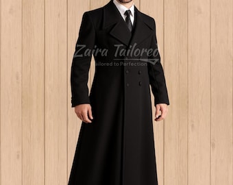Abrigo de lana negro: gabardina cruzada con solapa ancha para hombre / Prenda de abrigo formal