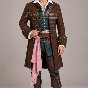May include: A brown long coat with brass buttons, a teal patterned vest, a white collared shirt, brown trousers, and dark brown boots. A pink and white striped sash is tied at the waist, and a brown leather belt with a buckle is worn over the vest.