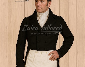 May include: A black tailcoat with a double-breasted front, paired with white trousers and a white collared shirt. The coat features long sleeves and a tailored fit. The image includes the text "Zaira Tailored" in a script font.