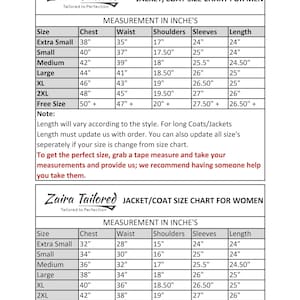 Peut inclure: Un tableau des tailles en noir et blanc pour les vestes et manteaux Zaira Tailored, pr&eacute;sentant deux tableaux distincts pour diff&eacute;rents types de corps. Les tableaux indiquent les mesures en pouces pour la poitrine, la taille, les &eacute;paules, les manches et la longueur.