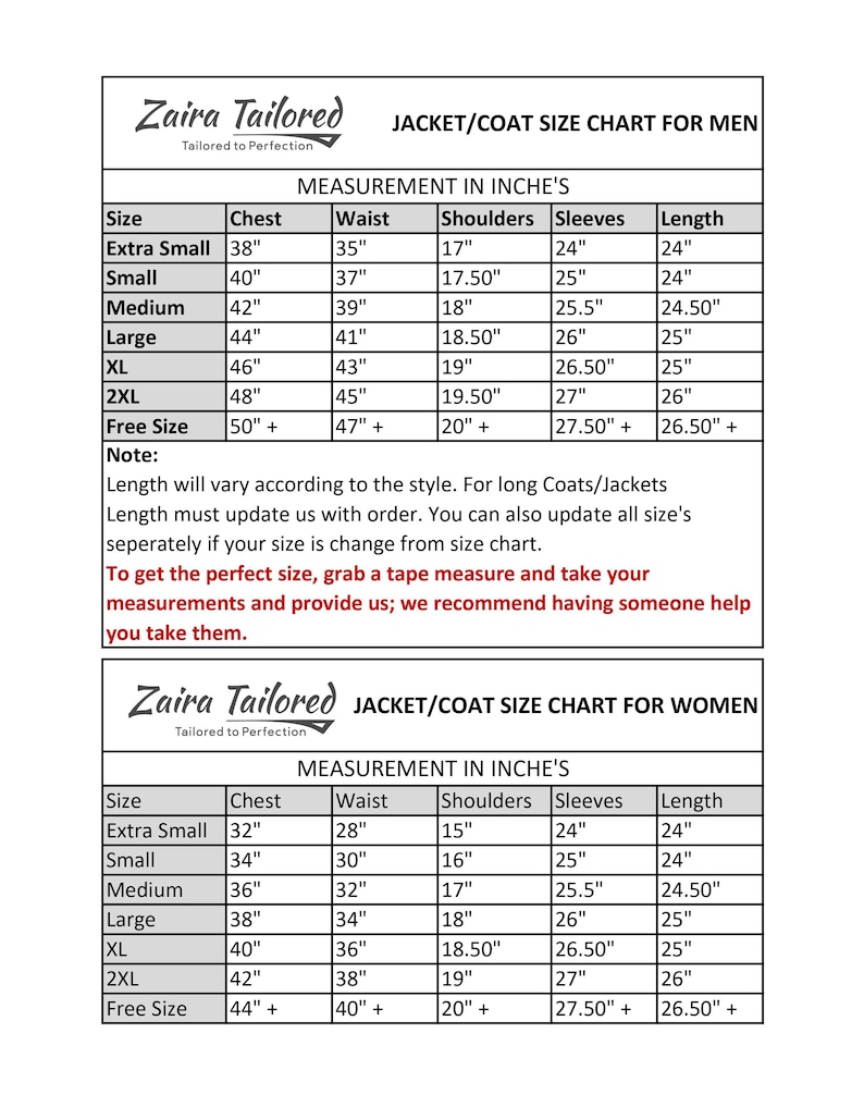 Peut inclure: Un tableau des tailles en noir et blanc pour les vestes et manteaux Zaira Tailored, pr&eacute;sentant deux tableaux distincts pour diff&eacute;rents types de corps. Les tableaux indiquent les mesures en pouces pour la poitrine, la taille, les &eacute;paules, les manches et la longueur.