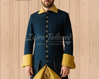 Manteau militaire suédois en laine bleu - Redingote d'officier de la régence avec gilet et culotte