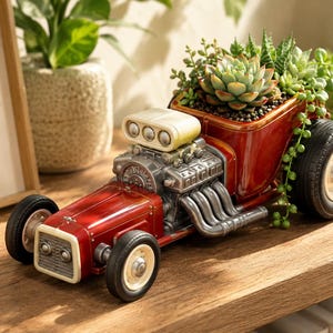 May include: A red hot rod planter with a detailed engine and exhaust pipes. The planter is filled with various succulents and greenery. The wheels are black with white rims. The top of the engine is yellow.