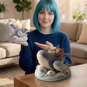 May include: Whale-shaped ceramic planters with a mother and baby whale design. One planter holds succulents, the other holds a candle. The planters are light blue and gray with wave details. Home decor.