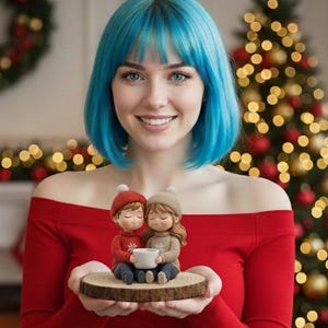 Pode incluir: Uma mulher com cabelo azul sorri, segurando um disco de madeira com duas pequenas figuras. As figuras, vestidas com roupas de inverno, estão sentadas juntas, segurando uma xícara. A mulher usa um top vermelho com os ombros de fora e jeans azuis, com uma árvore de Natal e decorações ao fundo.