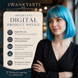 An image featuring a woman with blue hair and a black top. A digital product notice is displayed, stating that only a digital file will be provided, with no physical item shipped. The notice also mentions no colored printing and no returns.