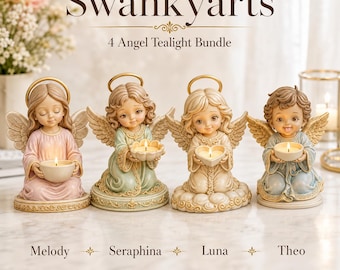 May include: Four angel tealight candle holders labeled Swankyarts 4 Angel Tealight Bundle. The figures are named Melody, Seraphina, Luna, and Theo. Each angel has a gold halo, wings, and holds a small bowl containing a lit candle.