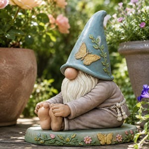 May include: A garden gnome figurine sitting on a circular base with floral and butterfly details. The gnome wears a blue pointed hat with a gold butterfly and vine relief, a beige robe with a rope belt, and has a long white beard and bare feet.