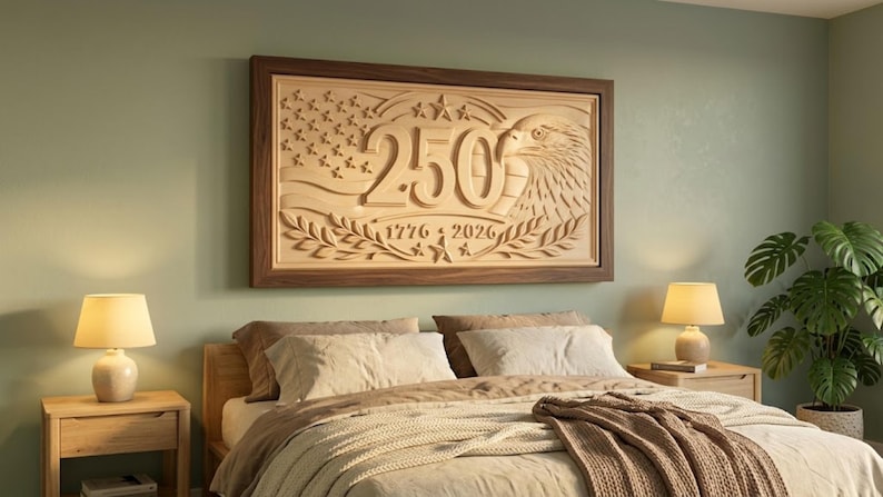 A wooden framed wall art piece with a carved design. The artwork features the number "250" with an eagle, stars, and the years "1776-2026". The frame is brown, and the carved design is a lighter wood color.