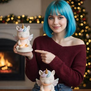 May include: A pair of white unicorn candle holders with pastel manes and golden horns. The candle holders have wings and are holding lit candles. The background includes a fireplace and Christmas lights.
