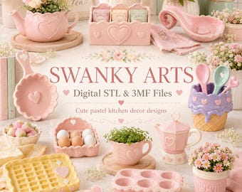 Puede incluir: Una colección de elementos de decoración de cocina en rosa pastel, incluyendo una tetera, una cuchara de servir y un huevera, con detalles en forma de corazón. La imagen también presenta el texto "SWANKY ARTS" y "Cute pastel kitchen decor designs".