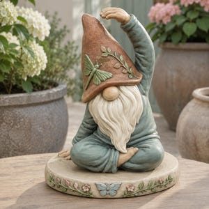 May include: A garden gnome figurine in a seated yoga pose with one arm raised. The gnome wears a terracotta-colored hat with a green dragonfly and vine relief, and a muted blue outfit. It sits on a circular base decorated with a butterfly and flowers.