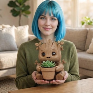May include: A brown Groot-shaped planter holding a small potted succulent. The planter has a detailed wooden texture and large, expressive eyes. The person holding the planter is wearing a green sweater.
