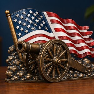 May include: A bronze-colored decorative cannon with a waving American flag. The flag features red and white stripes and a blue field with white stars. The cannon has two wheels and sits on a textured base.