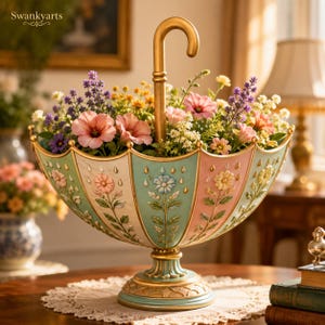Könnte beinhalten: Ein dekorativer Pflanzkübel in Regenschirmform mit goldenem Griff und einer Schale aus pastellfarbenen Paneelen in Creme, Türkis und Rosa. Die Außenseite ist mit Blumenmotiven und Regentropfenmustern verziert und mit bunten Blumen gefüllt.