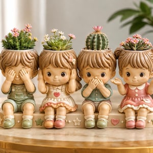 Puede incluir: Un conjunto de cuatro figuras de resina con forma de niños sentados sobre una base alargada, cada una con una cabeza hueca que sirve como maceta. Las figuras muestran diferentes gestos, cubriendo ojos, oídos y boca, con ropa de colores pastel y pequeñas plantas o cactus.