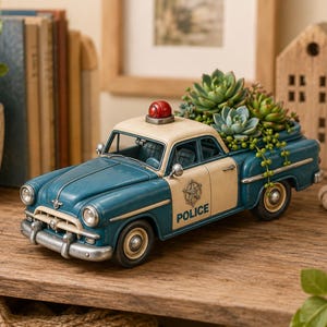 May include: A vintage-style police car planter in teal and cream, filled with succulents. The car features a red light, the word "POLICE", and a star emblem on the door. The planter is a decorative item for home decor.