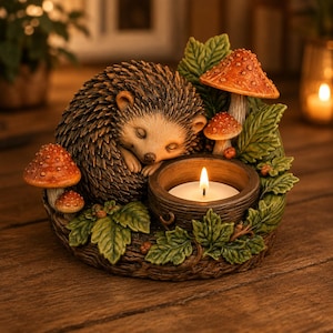 May include: A decorative candle holder featuring a sculpted sleeping hedgehog nestled among green leaves and orange mushrooms. A small round bowl is integrated into the base to hold a single lit tea light candle, creating a warm glow.
