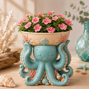 May include: A teal octopus-shaped planter featuring a smiling face, textured tentacles, and small coral and seashell accents. The planter holds a cluster of vibrant pink flowers in a beige bowl-shaped top, creating a decorative nautical display.