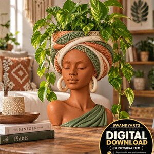 African Woman Planter STL & 3MF | Head Pot 3D Print Digital Download