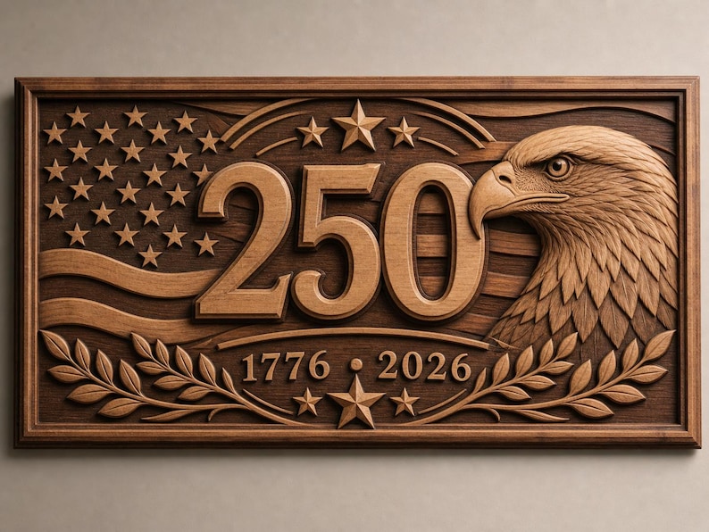USA 250th anniversary patriotic CNC carved wooden wall art featuring a detailed eagle head, American flag waves, stars, laurel branches, large 250 text, and 1776–2026 date design for STL and 3MF digital download.
