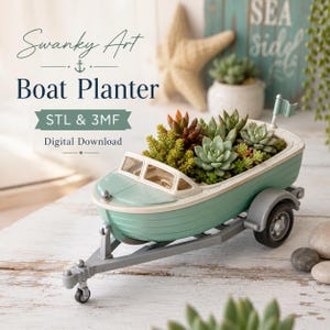 Könnte beinhalten: Ein türkisfarbener Boots-Pflanztopf, gefüllt mit Sukkulenten, auf einem grauen Anhänger. Das Boot hat einen weißen Rand und eine kleine Flagge. Der Text "Swanky Art Boat Planter" ist sichtbar.