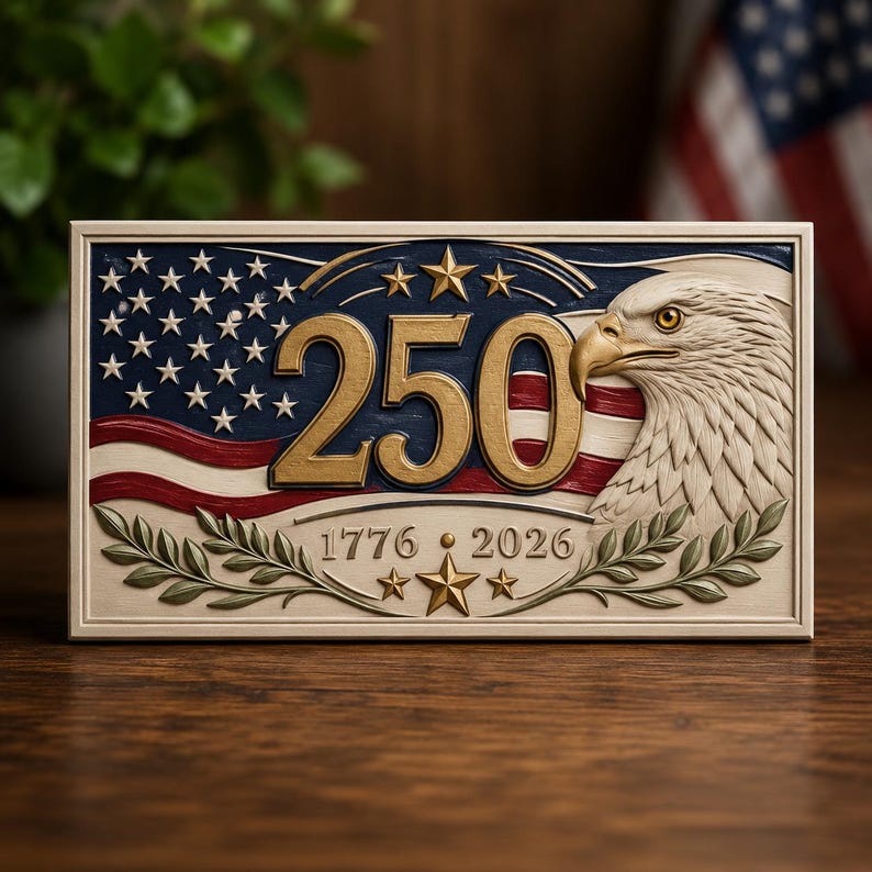 May include: A rectangular plaque featuring a carved American flag background with the gold numbers 250, a bald eagle head on the right, and the years 1776 and 2026 below. The design includes gold stars and green laurel branches in a relief style.