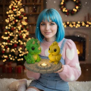 Cute Dinosaur and Chicken Tealight Holder, Kawaii Triceratops & Chick Candle Decor, Unique Nursery Night Light, Tiny Animal Friends Votive