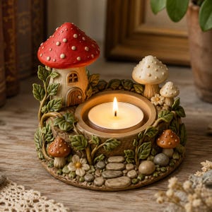 Peut inclure: Un bougeoir circulaire représentant une maison champignon rouge à pois blancs, entourée de petits champignons beiges et bruns, de feuilles vertes et d'un chemin de pierre. Une bougie chauffe-plat allumée est placée au centre de la base.