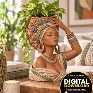 African Woman Planter STL & 3MF | Black Woman Head Pot 3D Print Digital Download